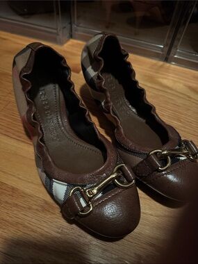 Burberry Brown Leather and Check Ballet Flats with Gold Horsebit